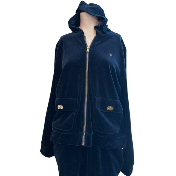 Lauren Ralph Lauren Large Dark Blue Velour Track Suit Zip Jacket Pants Set LRL - Picture 4 of 11